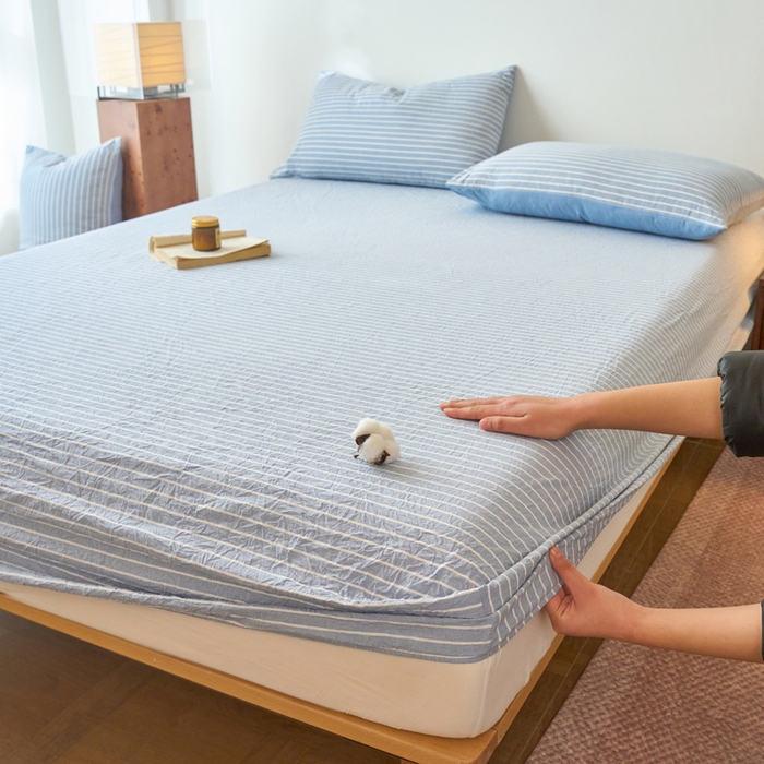 91家纺网 家纺一手货源 找家纺 春皖家纺 2026春夏新款全棉纯棉水洗棉单品系列床笠单件床笠单品-A版单床笠 素雅-蓝条