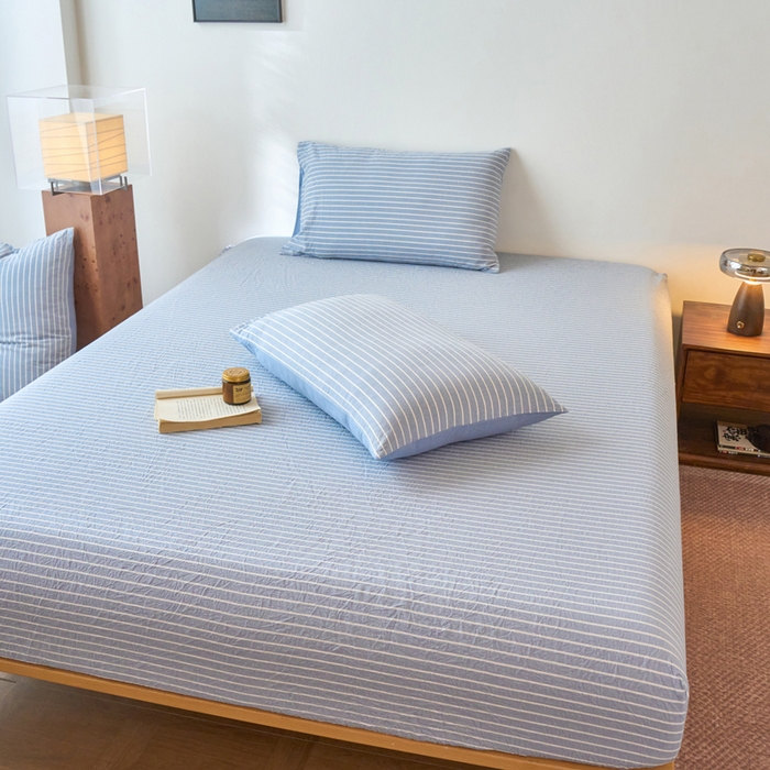 91家纺网 家纺一手货源 找家纺 春皖家纺 2026春夏新款全棉纯棉水洗棉单品系列床笠单件床笠单品-A版单床笠 素雅-蓝条