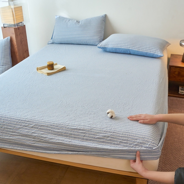 91家纺网 家纺一手货源 找家纺 春皖家纺 2026春夏新款全棉纯棉水洗棉单品系列床笠单件床笠单品-A版单床笠 素雅-蓝条