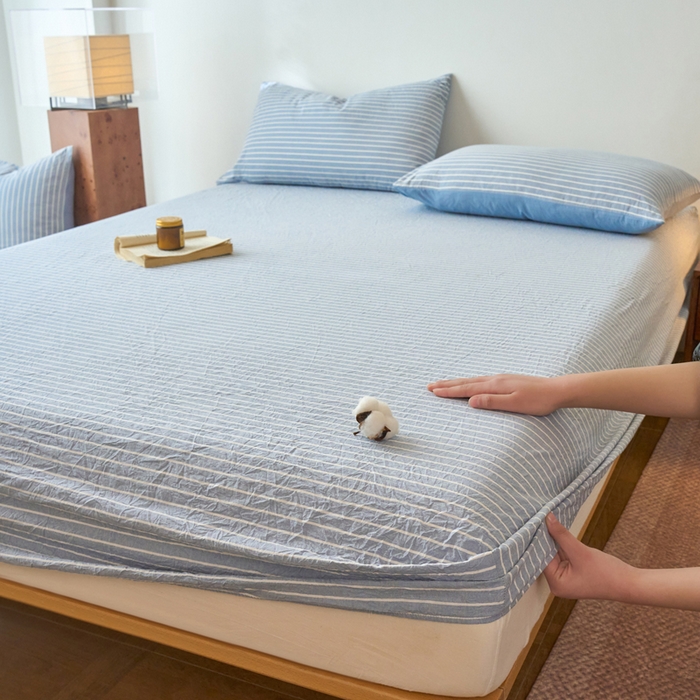 91家纺网 家纺一手货源 找家纺 春皖家纺 2026春夏新款全棉纯棉水洗棉单品系列床笠单件床笠单品-A版单床笠 素雅-蓝条