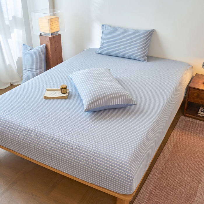 91家纺网 家纺一手货源 找家纺 春皖家纺 2026春夏新款全棉纯棉水洗棉单品系列床笠单件床笠单品-A版单床笠 素雅-蓝条