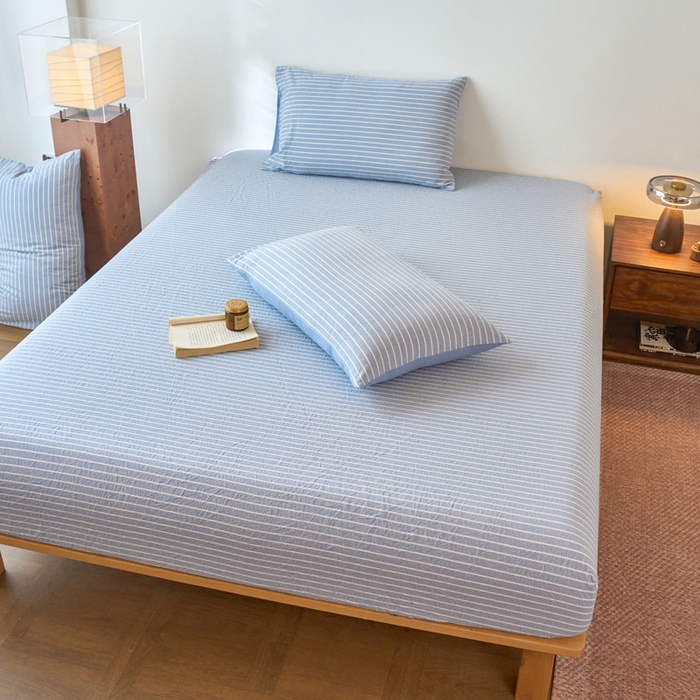 91家纺网 家纺一手货源 找家纺 春皖家纺 2026春夏新款全棉纯棉水洗棉单品系列床笠单件床笠单品-A版单床笠 素雅-蓝条