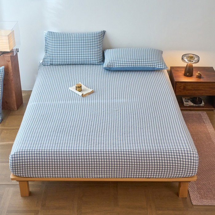 春皖家纺 2026春夏新款全棉纯棉水洗棉单品系列床笠单件床笠单品-A版单床笠 素雅-蓝小格