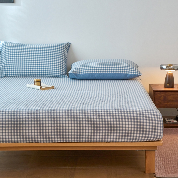 91家纺网 家纺一手货源 找家纺 春皖家纺 2026春夏新款全棉纯棉水洗棉单品系列床笠单件床笠单品-A版单床笠 素雅-蓝小格