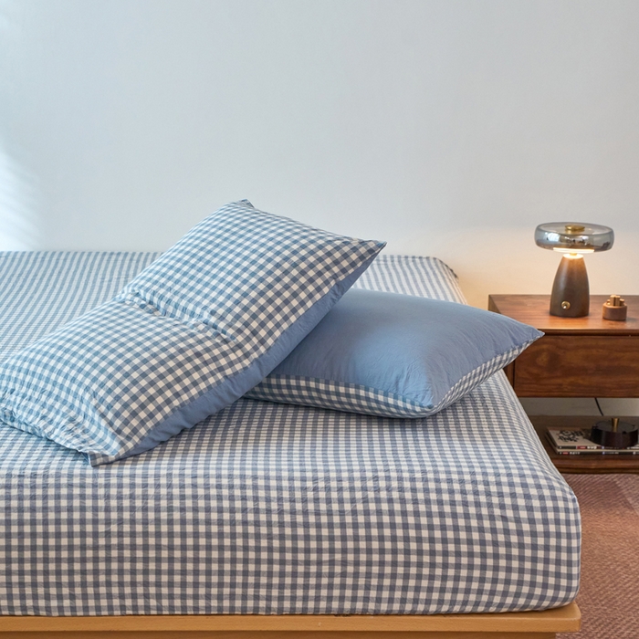 91家纺网 家纺一手货源 找家纺 春皖家纺 2026春夏新款全棉纯棉水洗棉单品系列床笠单件床笠单品-A版单床笠 素雅-蓝小格