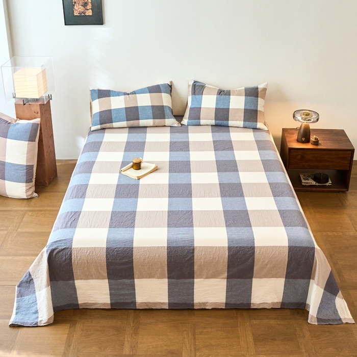 春皖家纺 2026春夏新款全棉纯棉水洗棉单品系列床单单件床单单品-A版单床单 素雅-蓝大格