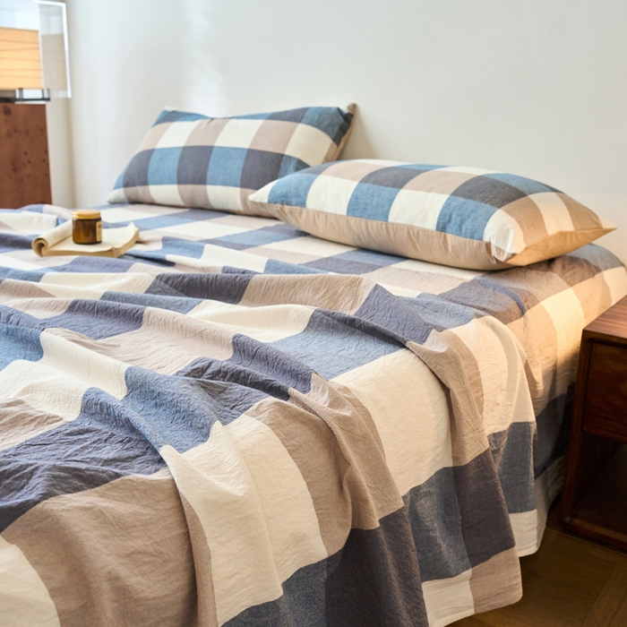 91家纺网 家纺一手货源 找家纺 春皖家纺 2026春夏新款全棉纯棉水洗棉单品系列床单单件床单单品-A版单床单 素雅-蓝大格