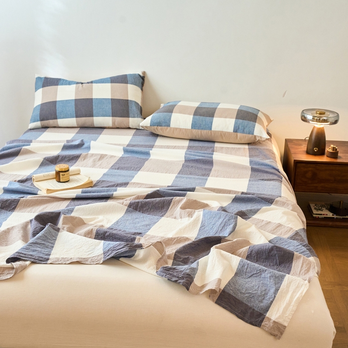 91家纺网 家纺一手货源 找家纺 春皖家纺 2026春夏新款全棉纯棉水洗棉单品系列床单单件床单单品-A版单床单 素雅-蓝大格