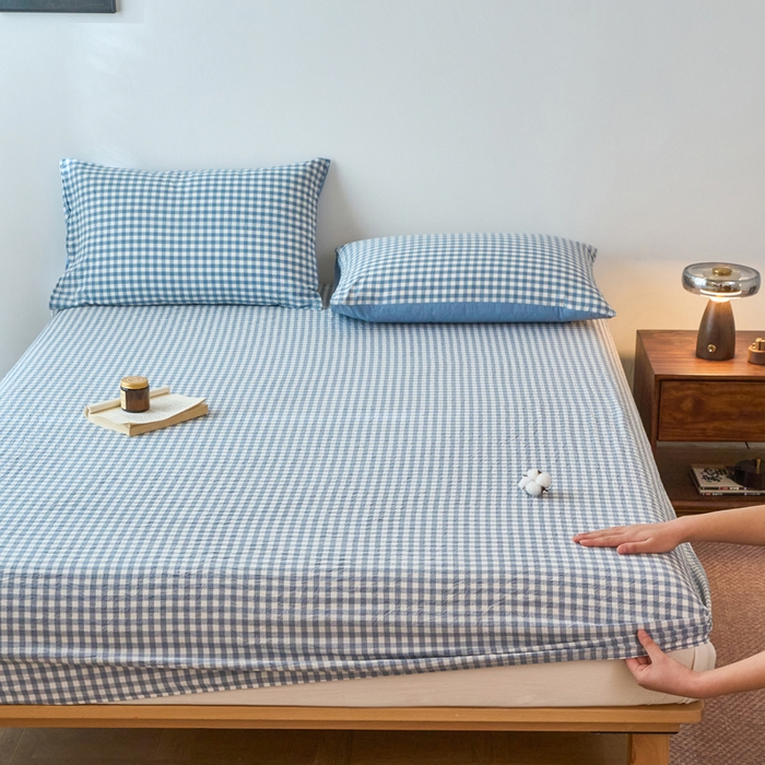 91家纺网 家纺一手货源 找家纺 春皖家纺 2026春夏新款全棉纯棉水洗棉单品系列床笠单件床笠单品-A版单床笠 素雅-蓝小格