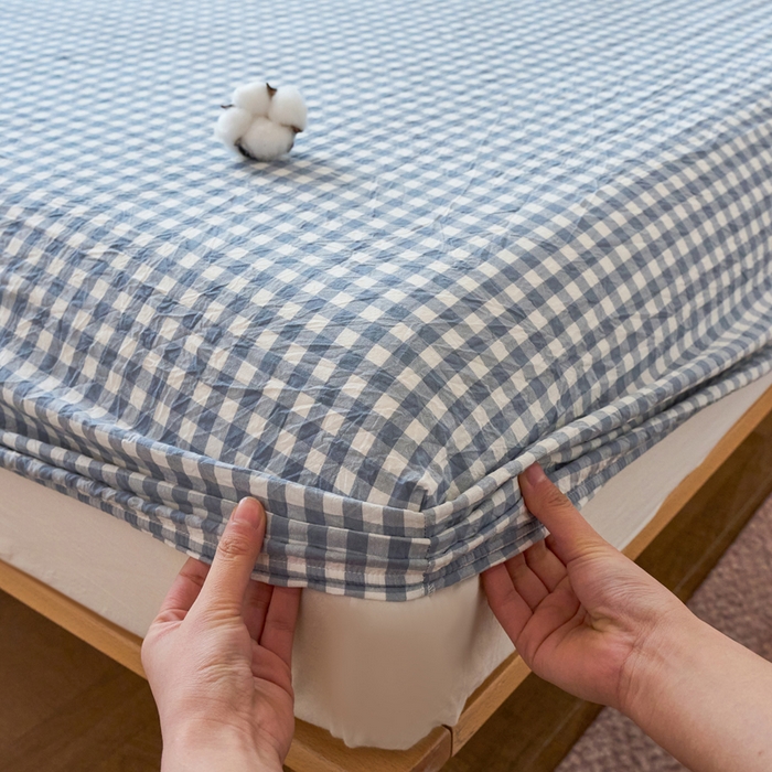 91家纺网 家纺一手货源 找家纺 春皖家纺 2026春夏新款全棉纯棉水洗棉单品系列床笠单件床笠单品-A版单床笠 素雅-蓝小格