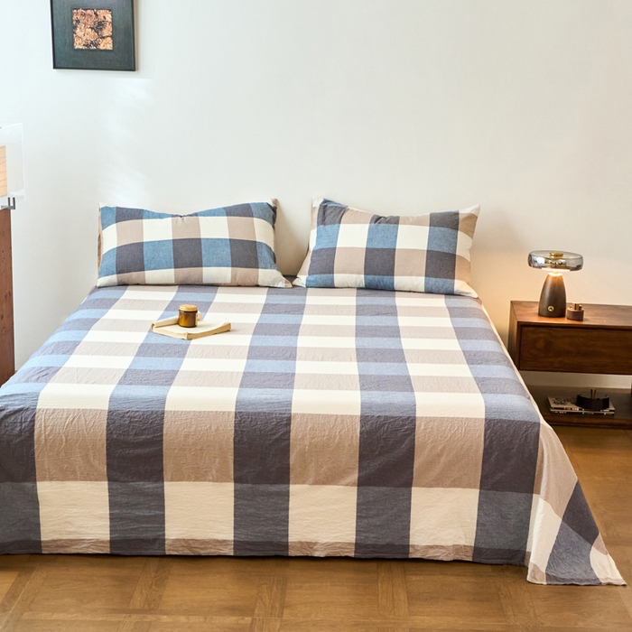 91家纺网 家纺一手货源 找家纺 春皖家纺 2026春夏新款全棉纯棉水洗棉单品系列床单单件床单单品-A版单床单 素雅-蓝大格