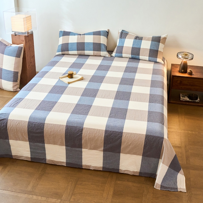 91家纺网 家纺一手货源 找家纺 春皖家纺 2026春夏新款全棉纯棉水洗棉单品系列床单单件床单单品-A版单床单 素雅-蓝大格