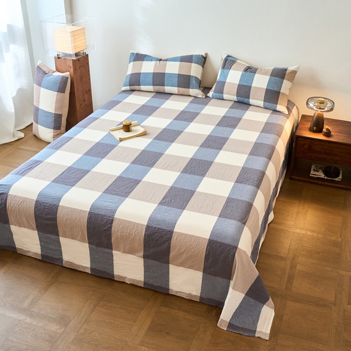 91家纺网 家纺一手货源 找家纺 春皖家纺 2026春夏新款全棉纯棉水洗棉单品系列床单单件床单单品-A版单床单 素雅-蓝大格