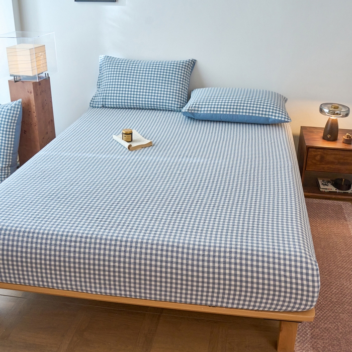 91家纺网 家纺一手货源 找家纺 春皖家纺 2026春夏新款全棉纯棉水洗棉单品系列床笠单件床笠单品-A版单床笠 素雅-蓝小格