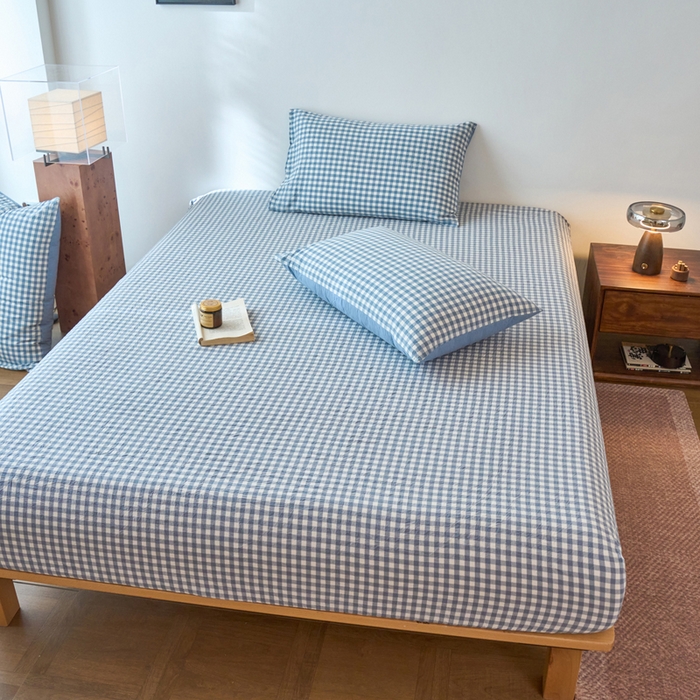 91家纺网 家纺一手货源 找家纺 春皖家纺 2026春夏新款全棉纯棉水洗棉单品系列床笠单件床笠单品-A版单床笠 素雅-蓝小格