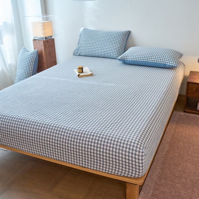 91家纺网 家纺一手货源 找家纺 春皖家纺 2026春夏新款全棉纯棉水洗棉单品系列床笠单件床笠单品-A版单床笠 素雅-蓝小格