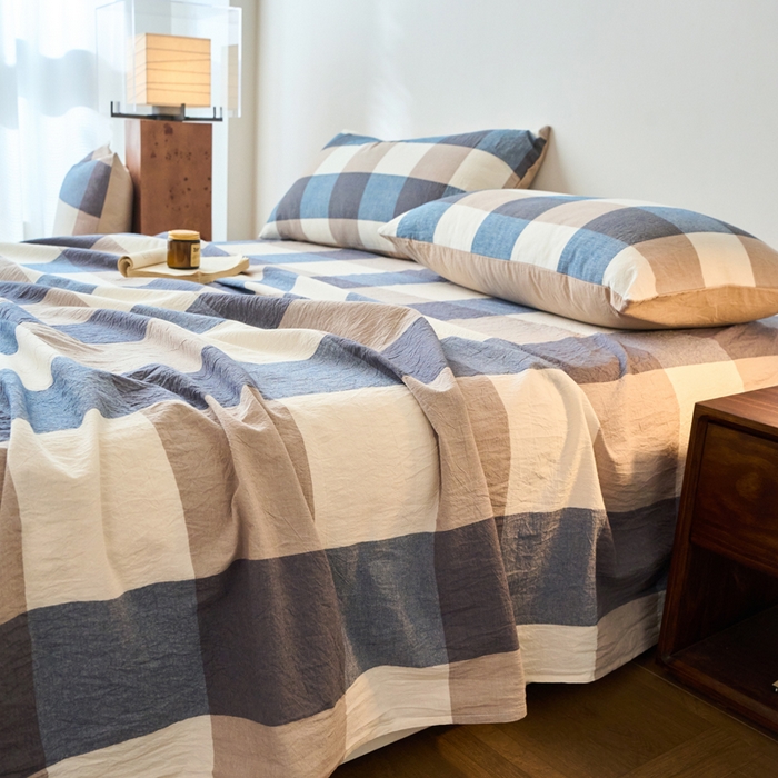 91家纺网 家纺一手货源 找家纺 春皖家纺 2026春夏新款全棉纯棉水洗棉单品系列床单单件床单单品-A版单床单 素雅-蓝大格