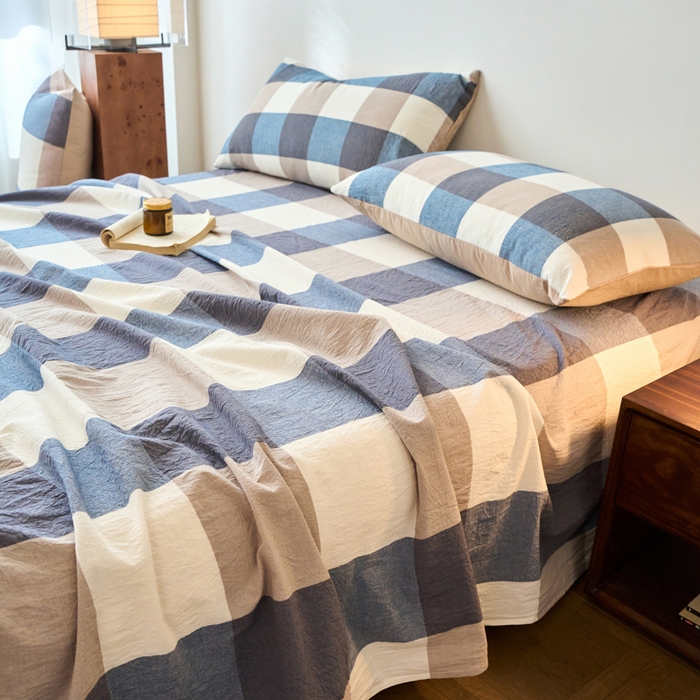 91家纺网 家纺一手货源 找家纺 春皖家纺 2026春夏新款全棉纯棉水洗棉单品系列床单单件床单单品-A版单床单 素雅-蓝大格