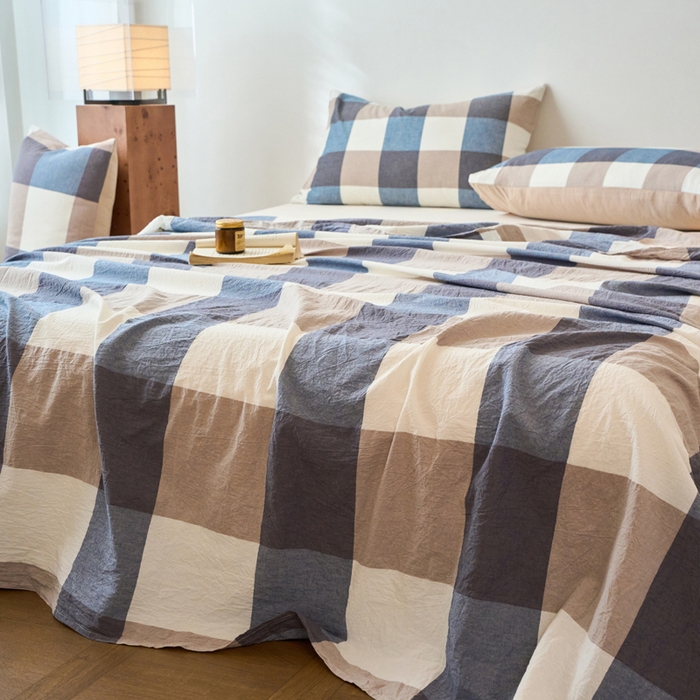 91家纺网 家纺一手货源 找家纺 春皖家纺 2026春夏新款全棉纯棉水洗棉单品系列床单单件床单单品-A版单床单 素雅-蓝大格