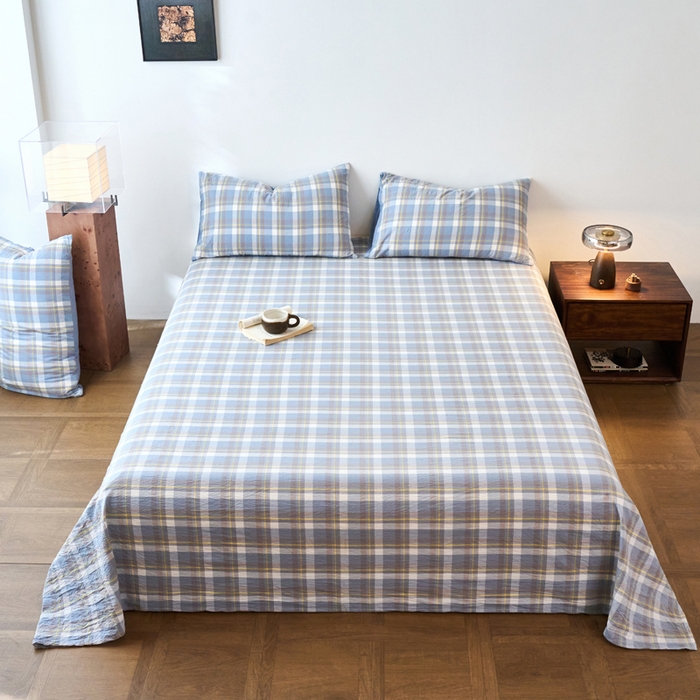 春皖家纺 2026春夏新款全棉纯棉水洗棉单品系列床单单件床单单品-A版单床单 素雅-蓝格