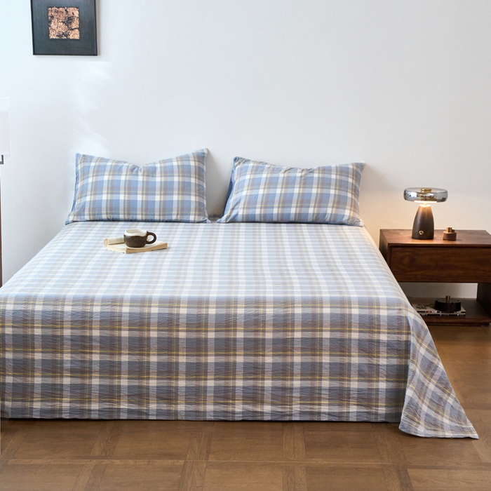 91家纺网 家纺一手货源 找家纺 春皖家纺 2026春夏新款全棉纯棉水洗棉单品系列床单单件床单单品-A版单床单 素雅-蓝格