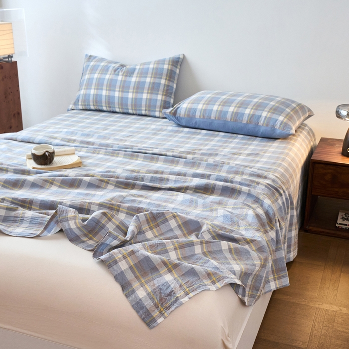 91家纺网 家纺一手货源 找家纺 春皖家纺 2026春夏新款全棉纯棉水洗棉单品系列床单单件床单单品-A版单床单 素雅-蓝格