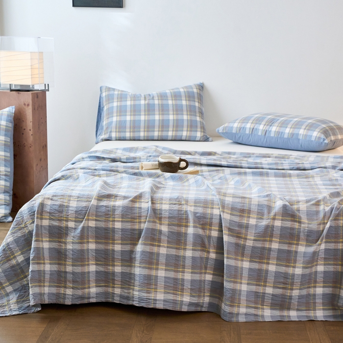 91家纺网 家纺一手货源 找家纺 春皖家纺 2026春夏新款全棉纯棉水洗棉单品系列床单单件床单单品-A版单床单 素雅-蓝格