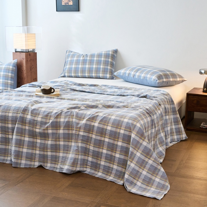 91家纺网 家纺一手货源 找家纺 春皖家纺 2026春夏新款全棉纯棉水洗棉单品系列床单单件床单单品-A版单床单 素雅-蓝格