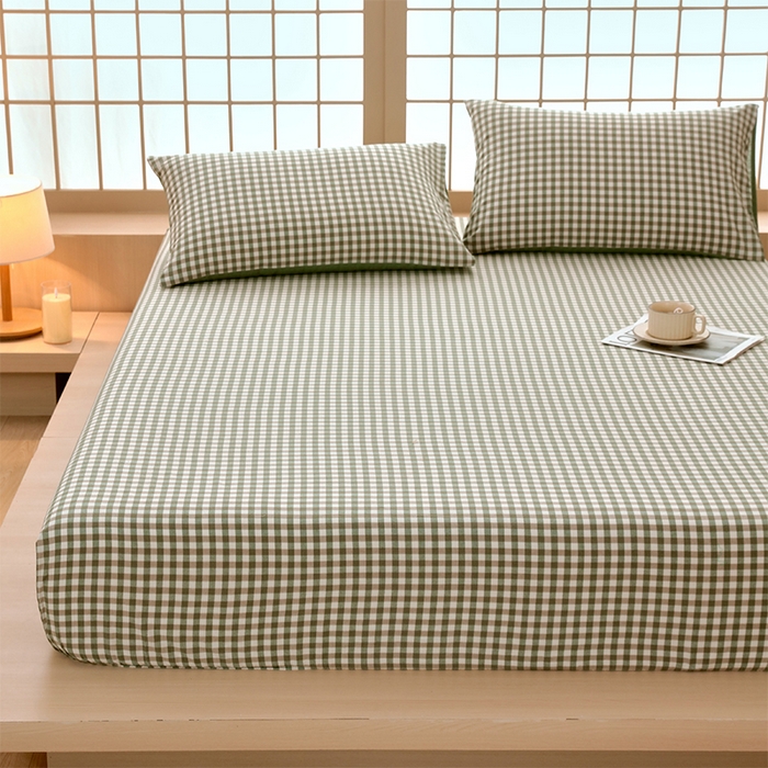 91家纺网 家纺一手货源 找家纺 春皖家纺 2026春夏新款全棉纯棉水洗棉单品系列床笠单件床笠单品-A版单床笠 素雅-绿格