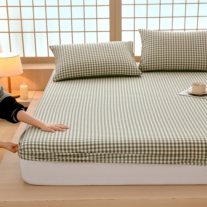 91家纺网 家纺一手货源 找家纺 春皖家纺 2026春夏新款全棉纯棉水洗棉单品系列床笠单件床笠单品-A版单床笠 素雅-绿格