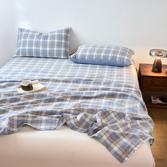 91家纺网 家纺一手货源 找家纺 春皖家纺 2026春夏新款全棉纯棉水洗棉单品系列床单单件床单单品-A版单床单 素雅-蓝格