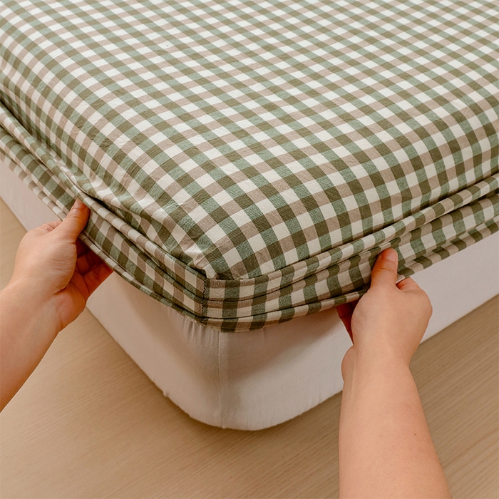 91家纺网 家纺一手货源 找家纺 春皖家纺 2026春夏新款全棉纯棉水洗棉单品系列床笠单件床笠单品-A版单床笠 素雅-绿格