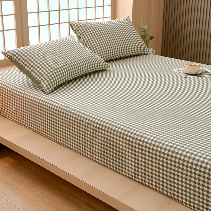 91家纺网 家纺一手货源 找家纺 春皖家纺 2026春夏新款全棉纯棉水洗棉单品系列床笠单件床笠单品-A版单床笠 素雅-绿格