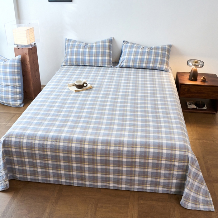 91家纺网 家纺一手货源 找家纺 春皖家纺 2026春夏新款全棉纯棉水洗棉单品系列床单单件床单单品-A版单床单 素雅-蓝格