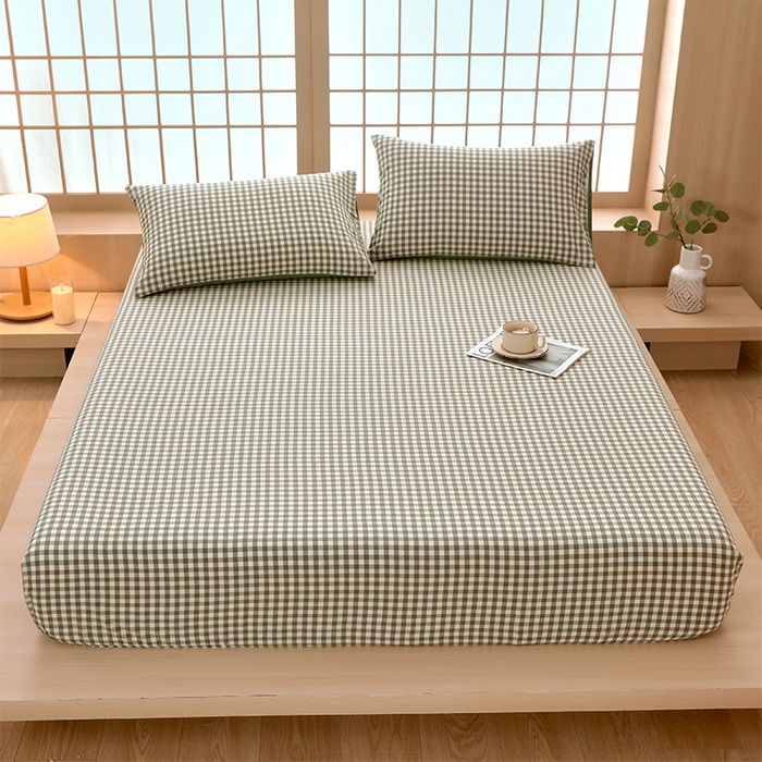 91家纺网 家纺一手货源 找家纺 春皖家纺 2026春夏新款全棉纯棉水洗棉单品系列床笠单件床笠单品-A版单床笠 素雅-绿格