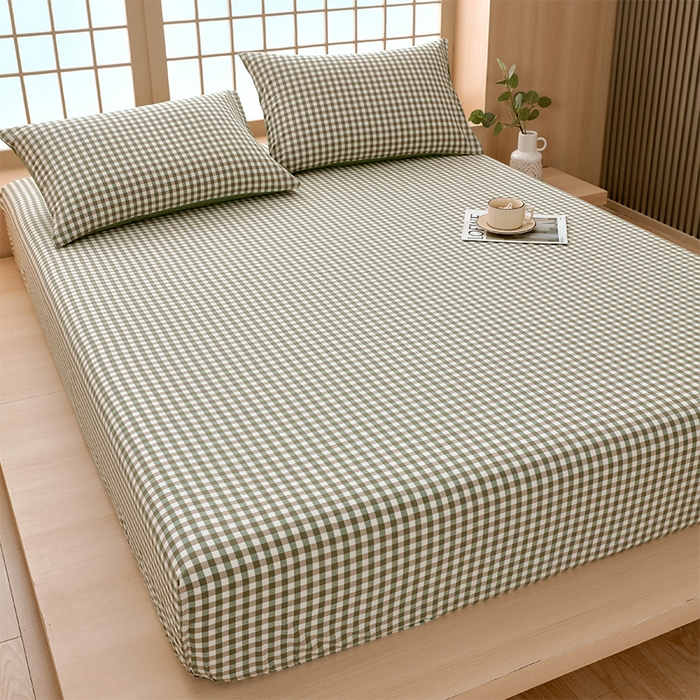 91家纺网 家纺一手货源 找家纺 春皖家纺 2026春夏新款全棉纯棉水洗棉单品系列床笠单件床笠单品-A版单床笠 素雅-绿格