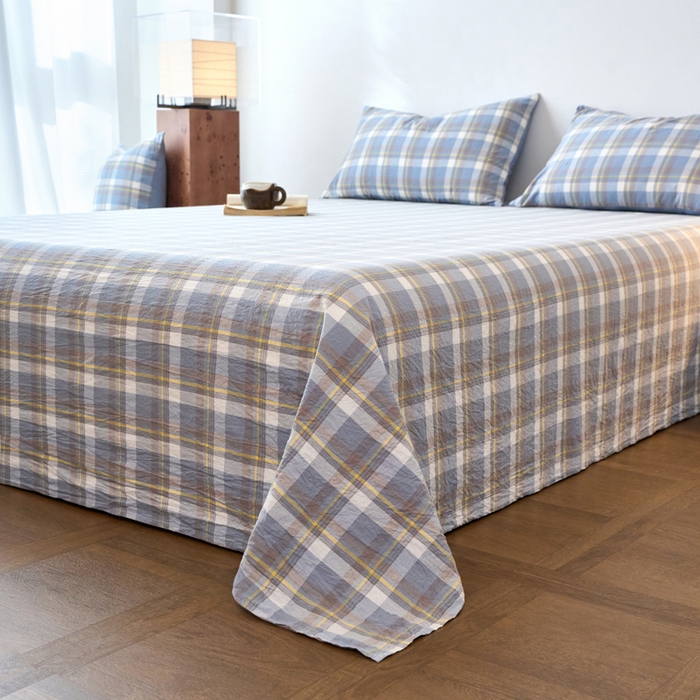 91家纺网 家纺一手货源 找家纺 春皖家纺 2026春夏新款全棉纯棉水洗棉单品系列床单单件床单单品-A版单床单 素雅-蓝格