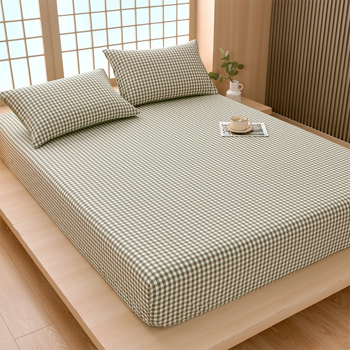 91家纺网 家纺一手货源 找家纺 春皖家纺 2026春夏新款全棉纯棉水洗棉单品系列床笠单件床笠单品-A版单床笠 素雅-绿格