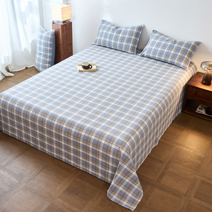 91家纺网 家纺一手货源 找家纺 春皖家纺 2026春夏新款全棉纯棉水洗棉单品系列床单单件床单单品-A版单床单 素雅-蓝格