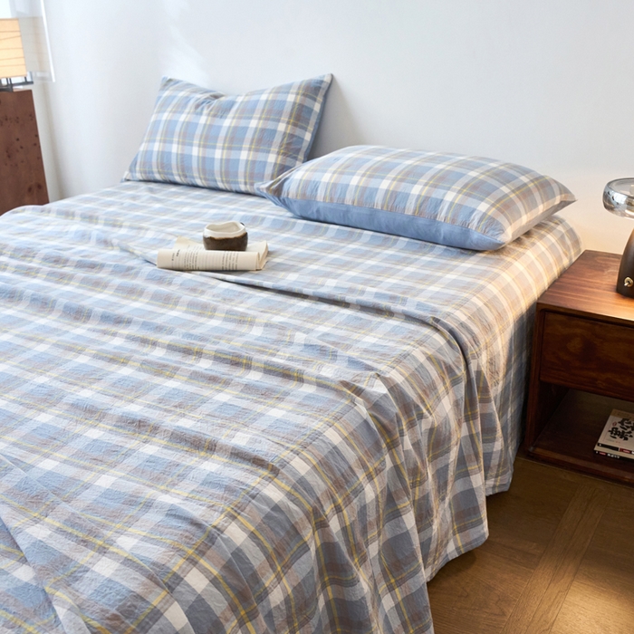 91家纺网 家纺一手货源 找家纺 春皖家纺 2026春夏新款全棉纯棉水洗棉单品系列床单单件床单单品-A版单床单 素雅-蓝格