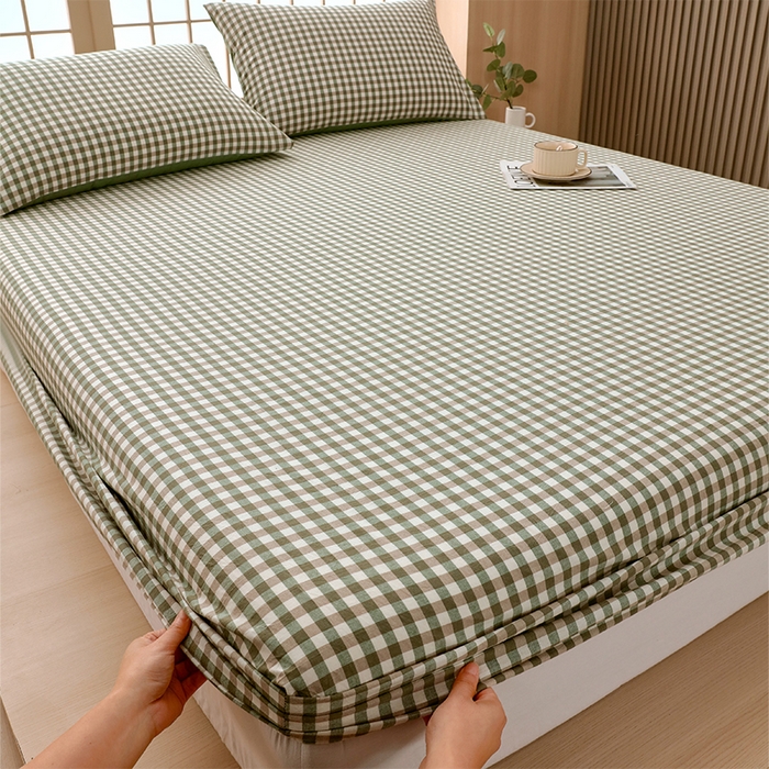 91家纺网 家纺一手货源 找家纺 春皖家纺 2026春夏新款全棉纯棉水洗棉单品系列床笠单件床笠单品-A版单床笠 素雅-绿格