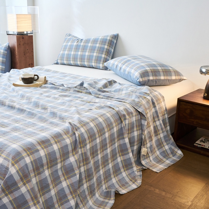 91家纺网 家纺一手货源 找家纺 春皖家纺 2026春夏新款全棉纯棉水洗棉单品系列床单单件床单单品-A版单床单 素雅-蓝格