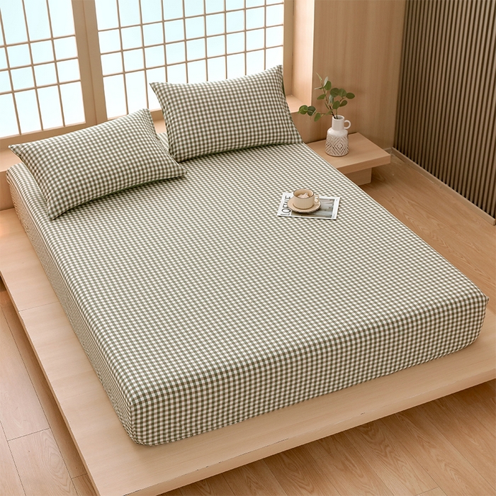 91家纺网 家纺一手货源 找家纺 春皖家纺 2026春夏新款全棉纯棉水洗棉单品系列床笠单件床笠单品-A版单床笠 素雅-绿格