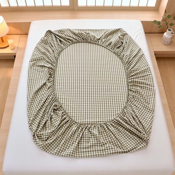 91家纺网 家纺一手货源 找家纺 春皖家纺 2026春夏新款全棉纯棉水洗棉单品系列床笠单件床笠单品-A版单床笠 素雅-绿格