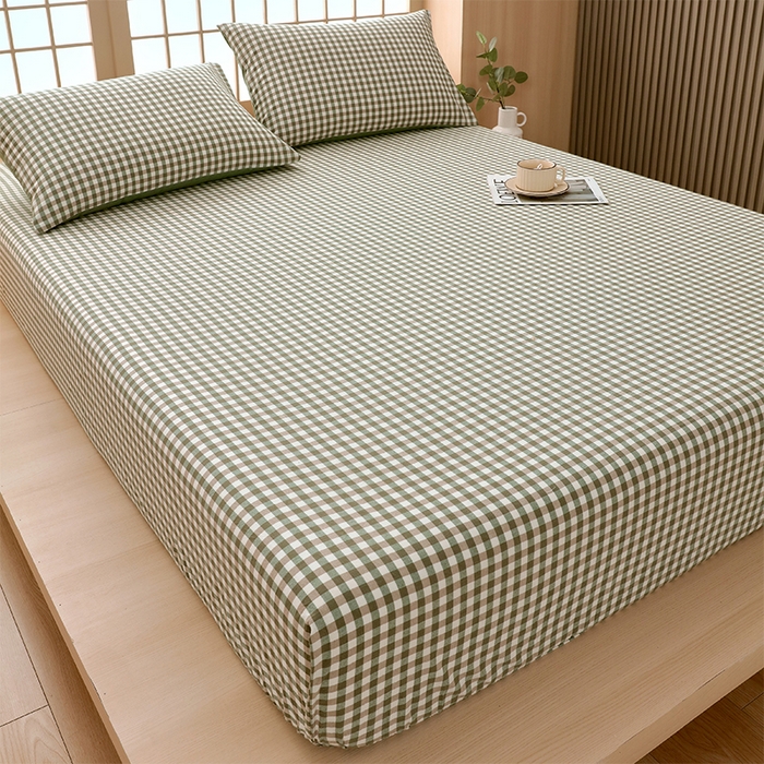 91家纺网 家纺一手货源 找家纺 春皖家纺 2026春夏新款全棉纯棉水洗棉单品系列床笠单件床笠单品-A版单床笠 素雅-绿格