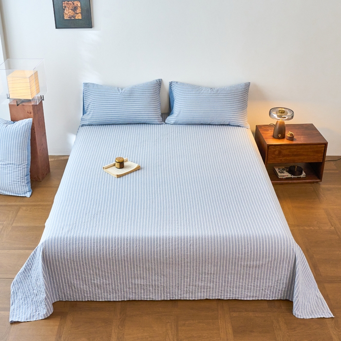 春皖家纺 2026春夏新款全棉纯棉水洗棉单品系列床单单件床单单品-A版单床单 素雅-蓝条