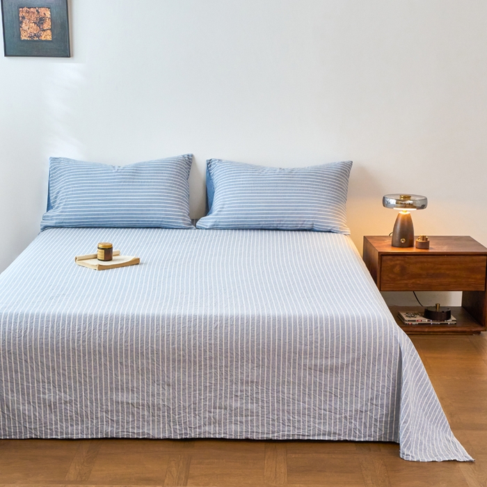 91家纺网 家纺一手货源 找家纺 春皖家纺 2026春夏新款全棉纯棉水洗棉单品系列床单单件床单单品-A版单床单 素雅-蓝条