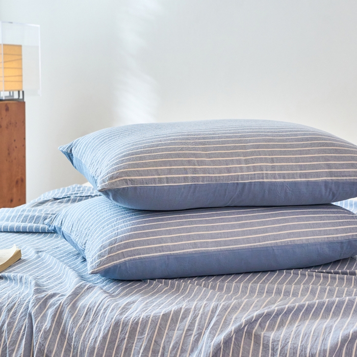 91家纺网 家纺一手货源 找家纺 春皖家纺 2026春夏新款全棉纯棉水洗棉单品系列床单单件床单单品-A版单床单 素雅-蓝条