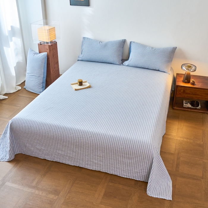 91家纺网 家纺一手货源 找家纺 春皖家纺 2026春夏新款全棉纯棉水洗棉单品系列床单单件床单单品-A版单床单 素雅-蓝条