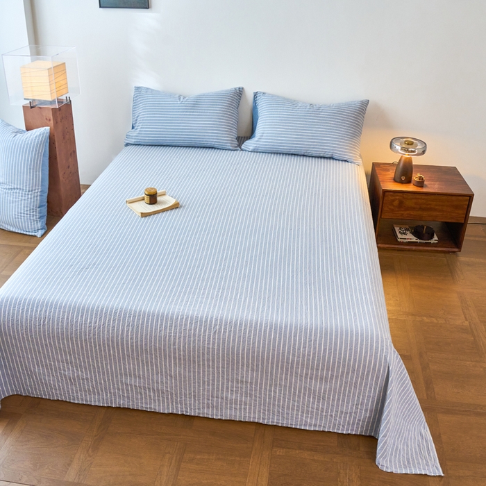 91家纺网 家纺一手货源 找家纺 春皖家纺 2026春夏新款全棉纯棉水洗棉单品系列床单单件床单单品-A版单床单 素雅-蓝条